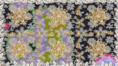 Barok tarzında altın çiçek süsü. Damask arkaplanı tekerrür ediyor. Gri renklerdeki altın element. Antika altın tekrarlanabilir duvar kağıdı.