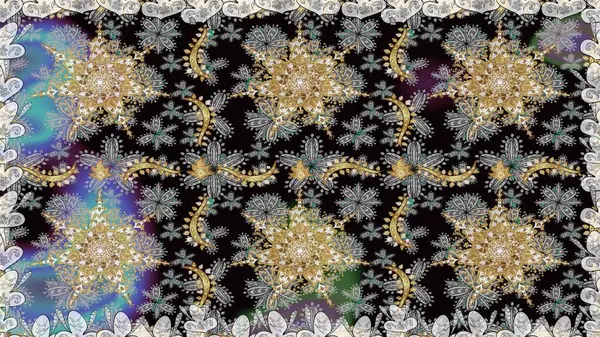 Kusursuz altın desenli bukleler. Doğu tarzı arabesk. Raster. Gri renklerde, altın elementlerle kusursuz desen. Hassas altın deseni açın. Parlak dantel, stilize çiçekler, şal desenli.