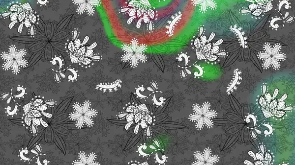 Çiçek deseni. Şatafatlı bahar bahçesi dokusu. Gri ve yeşil renkte çiçek çizimi. Gri ve yeşil renkli çiçekler. Raster illüstrasyonu.