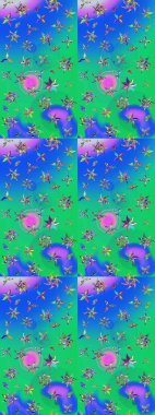 Raster Çiçek İllüstrasyonu güzel tekstil. Mavi ve yeşil renkli etnik çiçeklerle zarif bir eskiz deseni.