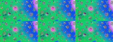 Raster illüstrasyonundaki çiçek desenli çizim. Düz Çiçek Elementleri Tasarımı. Renkli Bahar Teması eskiz kalıbı. Yeşil ve mavi renkte çiçekler.