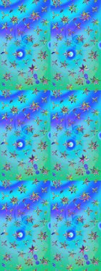 Mavi ve yeşil renkli çiçekler. Asya tekstil tarzında. Düz Çiçek Elementleri Tasarımı. Raster illüstrasyonu. Renkli Bahar Teması eskiz kalıbı. Çiçek desenini çiz.