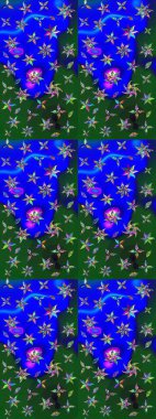 Çizim kalıbı. Çiçek duvar kağıdı. Mavi ve yeşil renklerde. Raster illüstrasyonu. Renkli süs kenarı. Hint süsü..