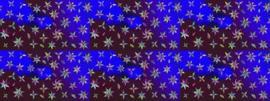 Yumuşak, bahar çiçekleri mavi ve kahverengi renklerde. Raster illüstrasyonu. Çiçek ve yapraklı karalama şeklinde Raster çiçek deseni.