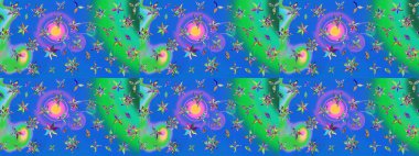 Raster illüstrasyonu. Tropik çiçek desenleri. Mavi ve yeşil renkte çiçekler.