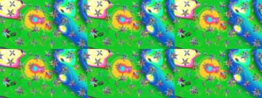 Kabile sanatı boho baskısı, klasik çiçek arkaplanı. Arkaplan dokusu, duvar kağıdı, yeşil ve mavi renkli çiçek teması. Soyut etnik raster çizim kalıbı.