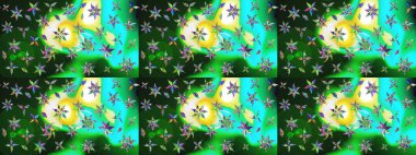 Çiçek desenli eskiz. Düz Çiçek Elementleri Tasarım Raster illüstrasyonu. Renkli Bahar Teması eskiz kalıbı. Yeşil ve mavi renkte çiçekler.