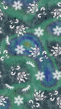 Raster Çiçek İllüstrasyonu güzel tekstil. Yeşil ve mavi renkli etnik çiçeklerle zarif bir eskiz deseni.