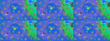 Raster illüstrasyonu. Mavi ve yeşil renklerde. Çiçekli güzel suluboya desen.