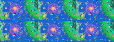 Raster illüstrasyonu. Tropik çiçek desenleri. Mavi ve yeşil renkte çiçekler.