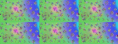 Düz Çiçek Elementleri Tasarımı. Çiçekli çizim şekli. Yeşil ve mavi renkte çiçekler. Renkli Bahar Teması çizim şablonu.