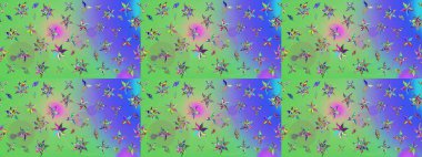 Raster illüstrasyonundaki çiçek desenli çizim. Suluboya tarzında yeşil ve mavi renkte çiçekler.