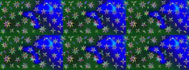 Mavi ve yeşil renklerde. Raster illüstrasyonu. Mavi ve yeşil renkte mavi ve yeşil papatyalar..