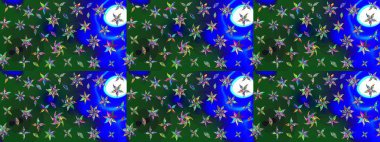 Yeşil ve mavi kıvırcık çiçekler yeşil ve mavi renklerde şekillenir. Raster illüstrasyonu. Klasik çiçek tasarım elementleri.