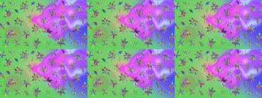 Güzel kumaş deseni. Raster suluboya çiçek deseni, narin çiçekler, yeşil ve menekşe çiçekleri, tebrik kartı şablonu.