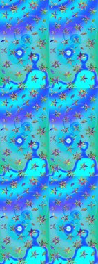 Çocuksu tasarım. Tekstil, kumaş, ambalaj, hatıra defteri için hoş bir çiçek arkaplanı. Mavi ve yeşil arka planda. Elle çizilmiş karalama çiçekleri ile Raster çizim deseni.