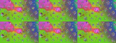 Raster illüstrasyonu. Küçük çiçekli yay deseni çiz. Suluboya tarzında yeşil ve mor renkler üzerine.