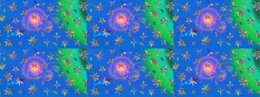 Raster illüstrasyonu. Tomurcukları papatya çiçekleri olan sevimli bir çiçek deseni. Eski usul. Kumaş, tekstil, duvar kağıdı baskısı için. Miles Fleur, süslü püslü bir süs. Taslak arkaplan.