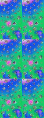 Renkli Yaz Temalı eskiz kalıbı. Mavi ve yeşil renkli çiçekler. Raster Illustrasyon 'daki Çiçek Deseni' nin son moda çizimi. Düz Çiçek Elementleri Tasarımı.