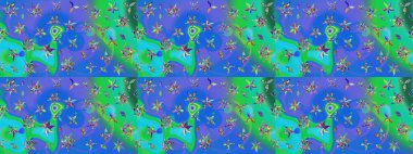 Renkli grunge, soyut arkaplanı kolomavi ve yeşil çiçeklerle süslüyor. Parmak izi, kumaş, duvar kâğıdı, tekstil için raster dokusu. Nakış desenli çiçek deseni..