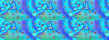 Raster illüstrasyonu. Mavi ve yeşil renkli çiçekler. Çiçek desenli eskiz, vuruşlar, sıçramalar, yaz çiçekleri..