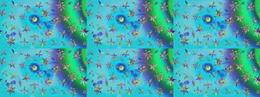 Mavi ve yeşil renkli çiçekler. Hediye ambalaj kağıdı, tebrik kartları, posterler ve pankart tasarımı. Raster düz çiçek çizim deseni.