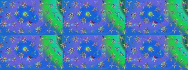 Çok mavi ve yeşil zarif küçük çiçekler ve mavi ve yeşil renkli komik böcekler, raster desen, illüstrasyon.