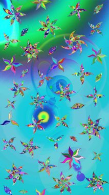 Yumuşak, bahar çiçekleri mavi ve yeşil renklerde. Raster illüstrasyonu. Yaprak ve çiçeklerin suluboya resmi, mavi ve yeşil renkler üzerine çizim şekli.