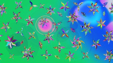 Yumuşak, bahar çiçekleri yeşil ve mavi renklerde. Raster illüstrasyonu. Çiçek ve yapraklı karalama şeklinde Raster çiçek deseni.