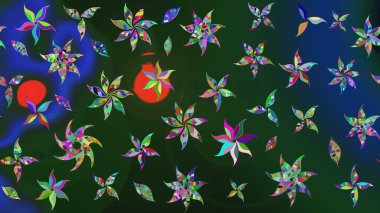 Mavi ve yeşil renkte çiçek çizimi. Raster illüstrasyonu. Şatafatlı bahar bahçesi dokusu. Çiçek deseni. Mavi ve yeşil renkte çiçekler.