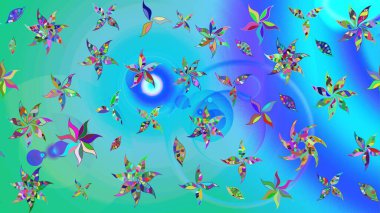 Raster Floral Illustration, Asyalı tekstil. Mavi ve yeşil renkli etnik çiçeklerle zarif bir eskiz deseni.