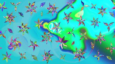 Mavi ve yeşil renkte etnik çiçeklerle süslenmiş zarif bir eskiz şekli. Asya Tekstil 'inde Raster Çiçek İllüstrasyonu.