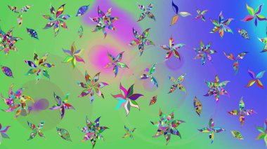 Bir sürü yeşil ve mavi soyut çiçekli tropik eskiz deseni. Küçük çiçekteki sevimli çiçek deseni. Varicologreen ve Blue Raster çizimi.