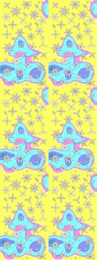 Sarı ve mavi renkte çiçekler. Sarı ve mavi renkte çiçek çizimi. Raster illüstrasyonu. Çiçek deseni. Şatafatlı bahar bahçesi dokusu.