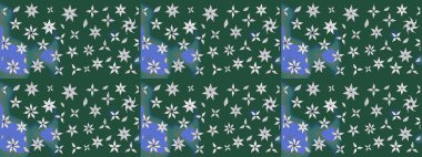 Raster illüstrasyonu. Çiçekli yumuşak bir eskiz şekli. Raster çiçekleri klasik tarzda çizilmiş. Yeşil ve mavi renklerde bahar çiçekleri..