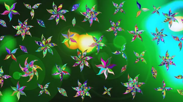 Yeşil ve mavi renkte çiçekler. Düz Çiçek Elementleri Tasarımı. Renkli Bahar Teması eskiz kalıbı. Çiçek desenli çizim. Asya tekstil tarzında. Raster illüstrasyonu.