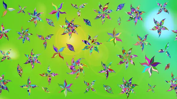 Raster illüstrasyonundaki çiçek desenli çizim. Suluboya tarzında yeşil ve mavi renkte çiçekler.