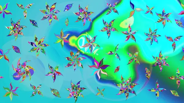 Mavi ve yeşil renkte etnik çiçeklerle süslenmiş zarif bir eskiz şekli. Asya Tekstil 'inde Raster Çiçek İllüstrasyonu.