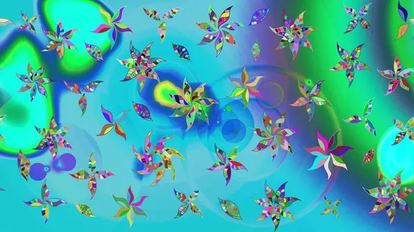 Soyut etnik raster çizim kalıbı. Çiçekler. Vadinin çiçekleri mavi ve yeşil renklerde.