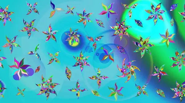 Mavi ve yeşil renkli çiçekler. Raster illüstrasyonunda çiçek deseni çizimi.