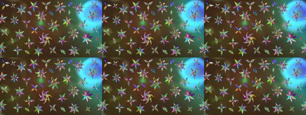 Çocuksu tasarım. Tekstil, kumaş, ambalaj, hatıra defteri için hoş bir çiçek arkaplanı. Elle çizilmiş çiçek desenli Raster çizimi. Kahverengi ve yeşil arkaplanda.