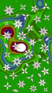 Asya tekstil tarzında. Yeşil ve nötr renklerde çiçekler. Raster illüstrasyonu. Raster illüstrasyonu. Çiçek desenini çiz.