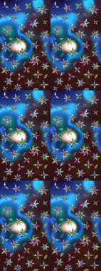 Raster illüstrasyonu. Renkli süs kenarı. Çiçek duvar kağıdı. Hint süsü. Çizim kalıbı. Mavi ve kahverengi renklerde.