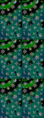 Kumaş desenli papatya çiçeği detayı. Yeşil ve mavi renkte çiçekler.