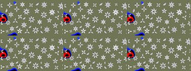 Çiçekli karalama şeklinde Raster çiçek deseni. Raster illüstrasyonu. Yeşil ve beyaz renklerde bahar çiçekleri..