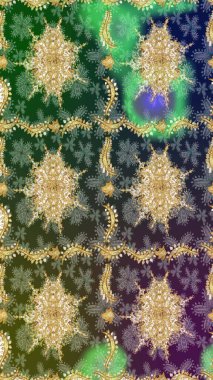 Süslü raster dekorasyonu. Altın elementlerle yeşil renklerde altın desen. Barok biçiminde duvar kağıdı tasarımı için şablon çizimi arkaplanı.