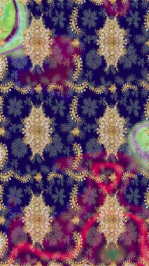 Davetiyeler, kartlar, web sayfası için Raster illüstrasyon. Doğu tarzı element. Altın desenli çiçek dekoru. Tasarım şablonu için çizgi çizimi sınırı. Mavi renklerdeki altın element.