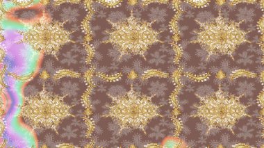 Altın şablonu çiz. Kahverengi renkli ve altın elementli eskiz deseni. Raster doğulu süsü.