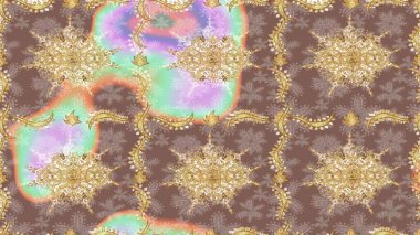 Raster sanatı. Bej renkli ve altın elementli çizim deseni. Altın desenli bukleler çiz. Doğu tarzı arabesk. Hassas altın deseni açın. Parlak dantel, stilize çiçekler, şal desenli