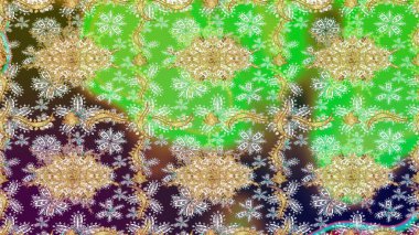 Raster altın çiçek süsü brokar kumaş ve cam desenli. Çiçek desenli altın metal. Altın şablonu çiz. Altın elementli yeşil renkler.